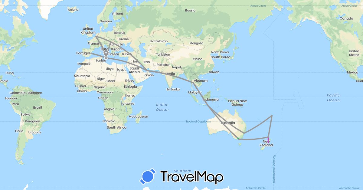 TravelMap itinerary: driving, bus, plane, train in United Arab Emirates, Australia, Belgium, Switzerland, Spain, Fiji, Hungary, Indonesia, Italy, Malta, New Zealand, Thailand (Asia, Europe, Oceania)